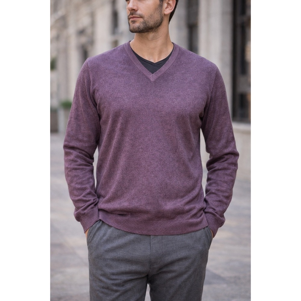 Gran Sasso Italy Mens 100% Cashmere V-Neck Sweater Purple Heathered